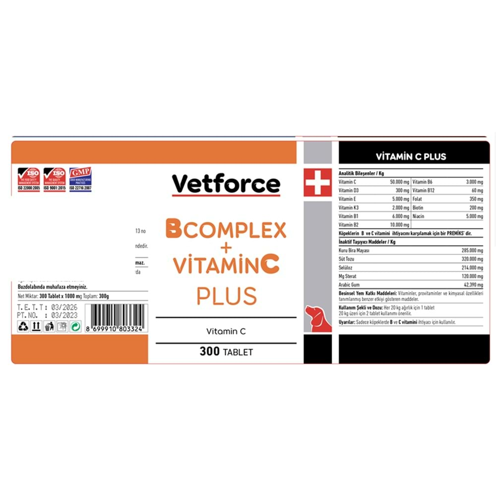 VETFORCE B COMPLEX +VİTAMİN C 300 TABLET(Köpeklerde B ve C vitamini kaynağı)